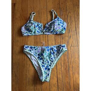 Bikini Swimsuit Womens Medium Blue Floral Bralette Top High Leg 2 Piece Set